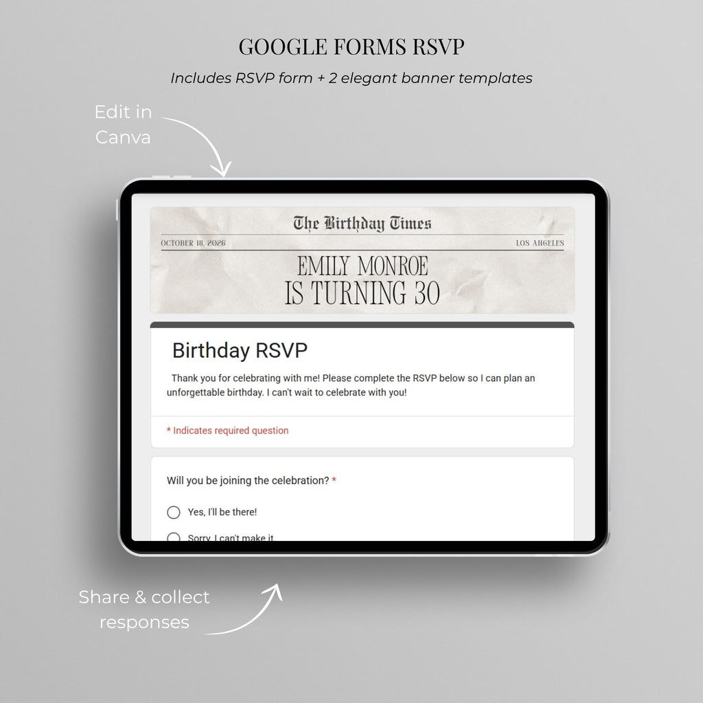 Birthday RSVP website with integrated online guest response collection.