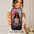 Pink glam birthday video invitation displayed on a phone for an easy-to-share mobile birthday party invite.