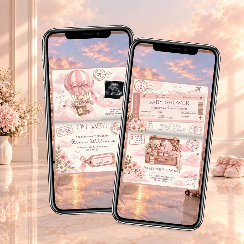 Pink passport baby shower invitation displayed on two phones with editable shower details and travel-inspired design.