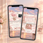 Pink passport baby shower invitation displayed on two phones with editable shower details and travel-inspired design.