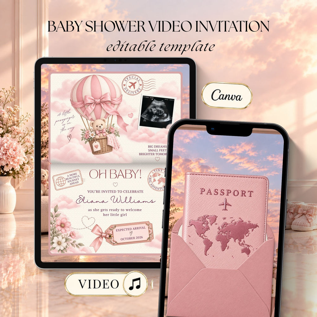 Pink passport baby shower invitation video displayed on tablet and phone with blush travel theme and editable Canva template.