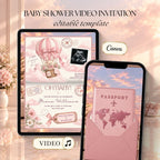Pink passport baby shower invitation video displayed on tablet and phone with blush travel theme and editable Canva template.