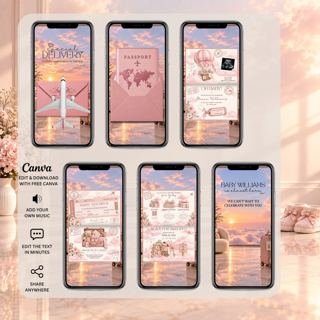 Pink passport baby shower video showing airplane opening, passport reveal, baby shower details, RSVP and closing scenes.