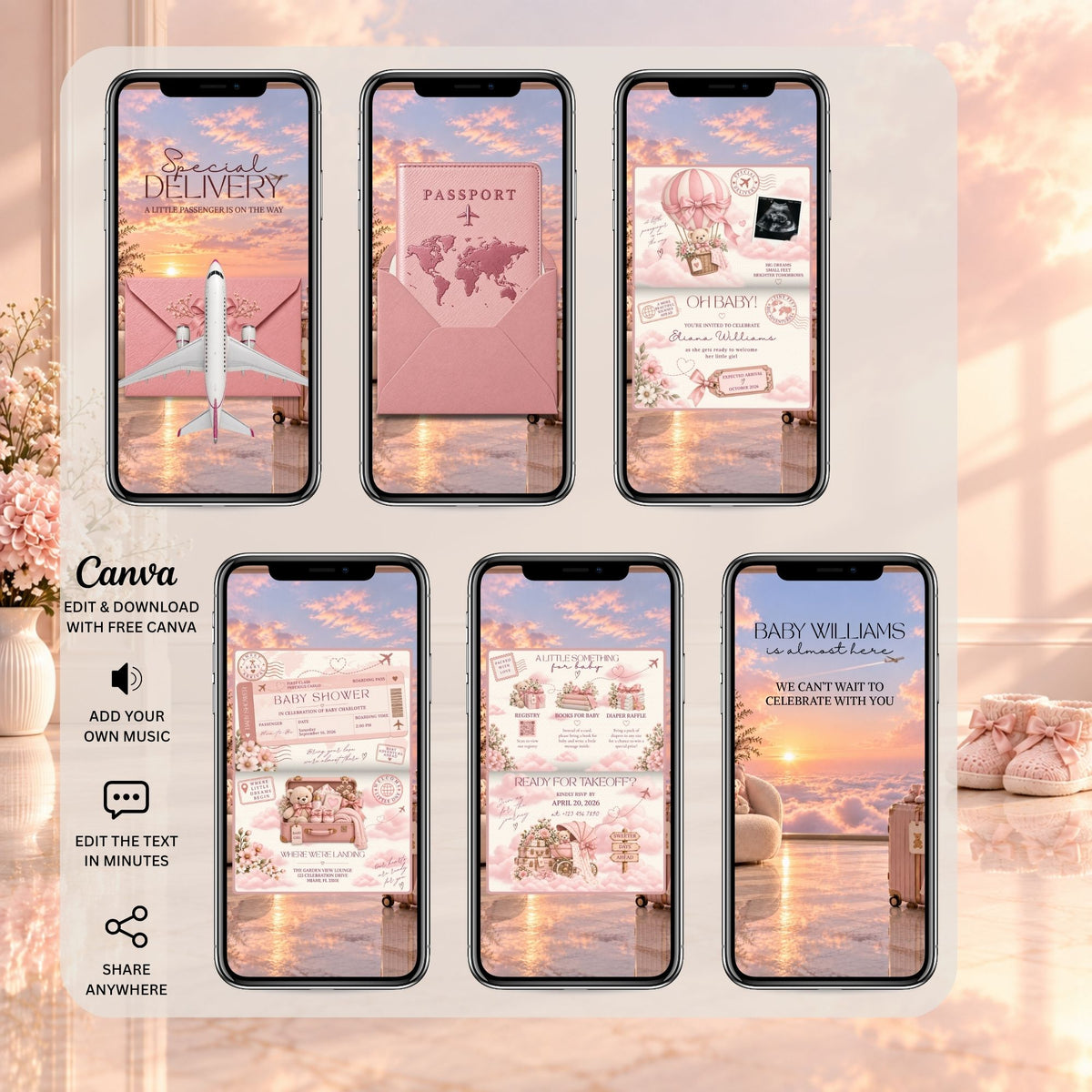 Pink passport baby shower video showing airplane opening, passport reveal, baby shower details, RSVP and closing scenes.