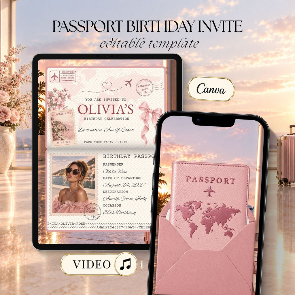 Pink passport birthday invitation video displayed on tablet and phone with travel-inspired birthday passport design and editable Canva template.
