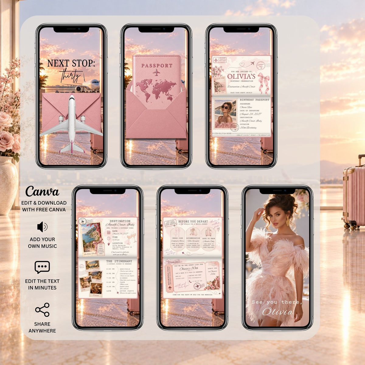 Pink passport birthday invitation video showing animated envelope, passport invitation, destination details, itinerary, RSVP and closing photo.