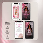 Pink photo booth birthday video Canva template showing the photo strip, birthday invitation and editable party details.