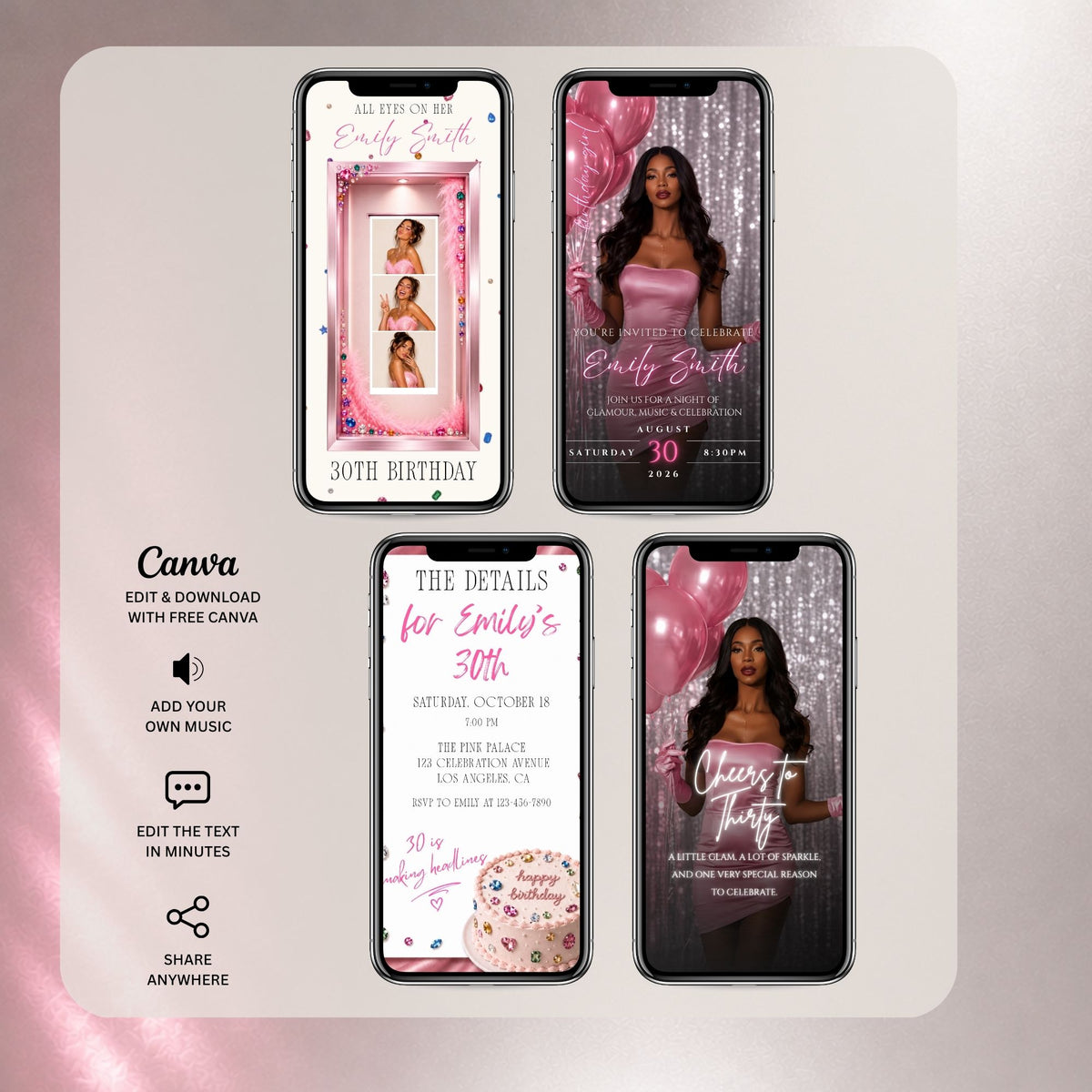 Pink photo booth birthday video Canva template showing the photo strip, birthday invitation and editable party details.
