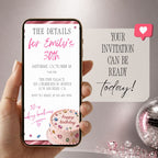 Pink rhinestone birthday invitation displayed on a phone with editable date, venue, RSVP details and jeweled birthday cake.