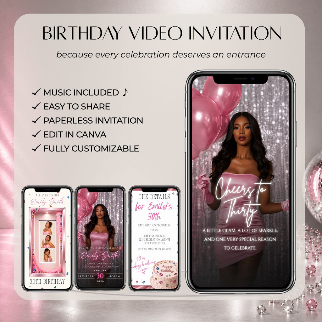 Pink rhinestone birthday video invitation showing music, easy sharing, paperless delivery and fully customizable Canva features.