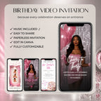 Pink rhinestone birthday video invitation showing music, easy sharing, paperless delivery and fully customizable Canva features.