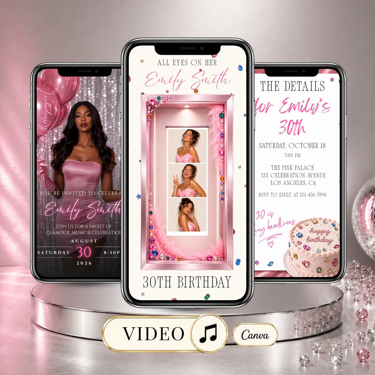 Pink rhinestone photo booth birthday video invitation with glamorous photo strip, party details and editable Canva template.