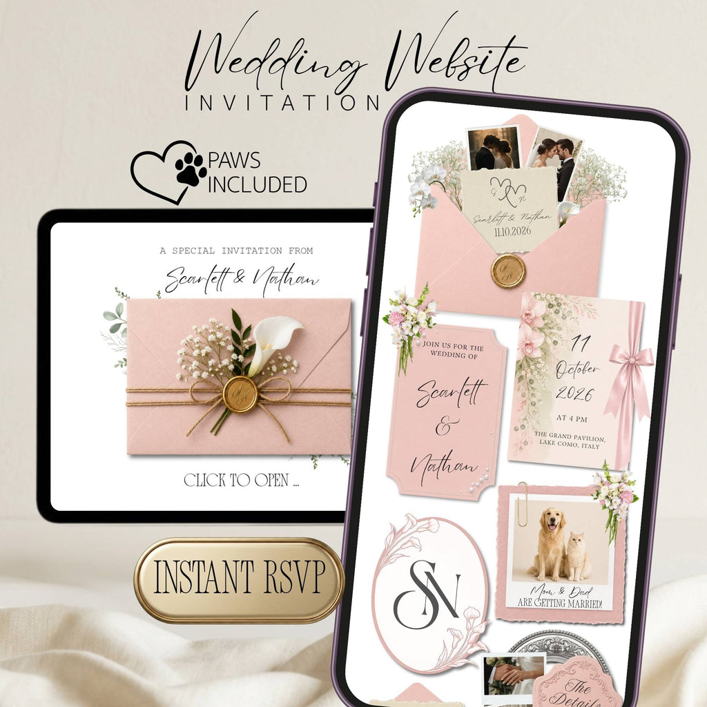 Elegant pink wedding website template with interactive envelope opening and online RSVP.