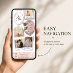Mobile-friendly pink wedding website with simple navigation between wedding pages.