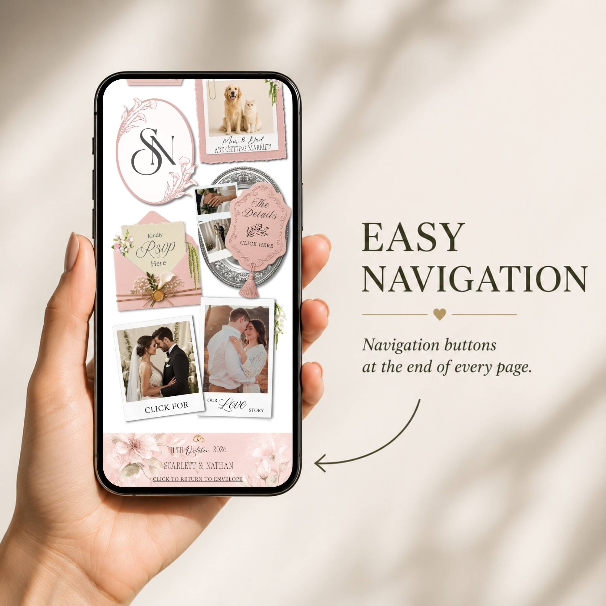 Mobile-friendly pink wedding website with simple navigation between wedding pages.