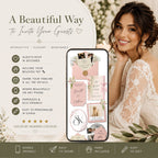 Features of the editable pink wedding website including RSVP, registry and wedding details.