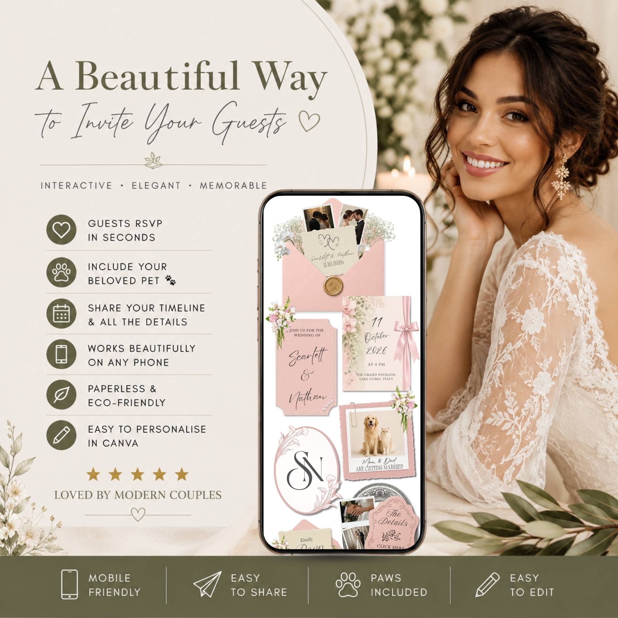 Features of the editable pink wedding website including RSVP, registry and wedding details.
