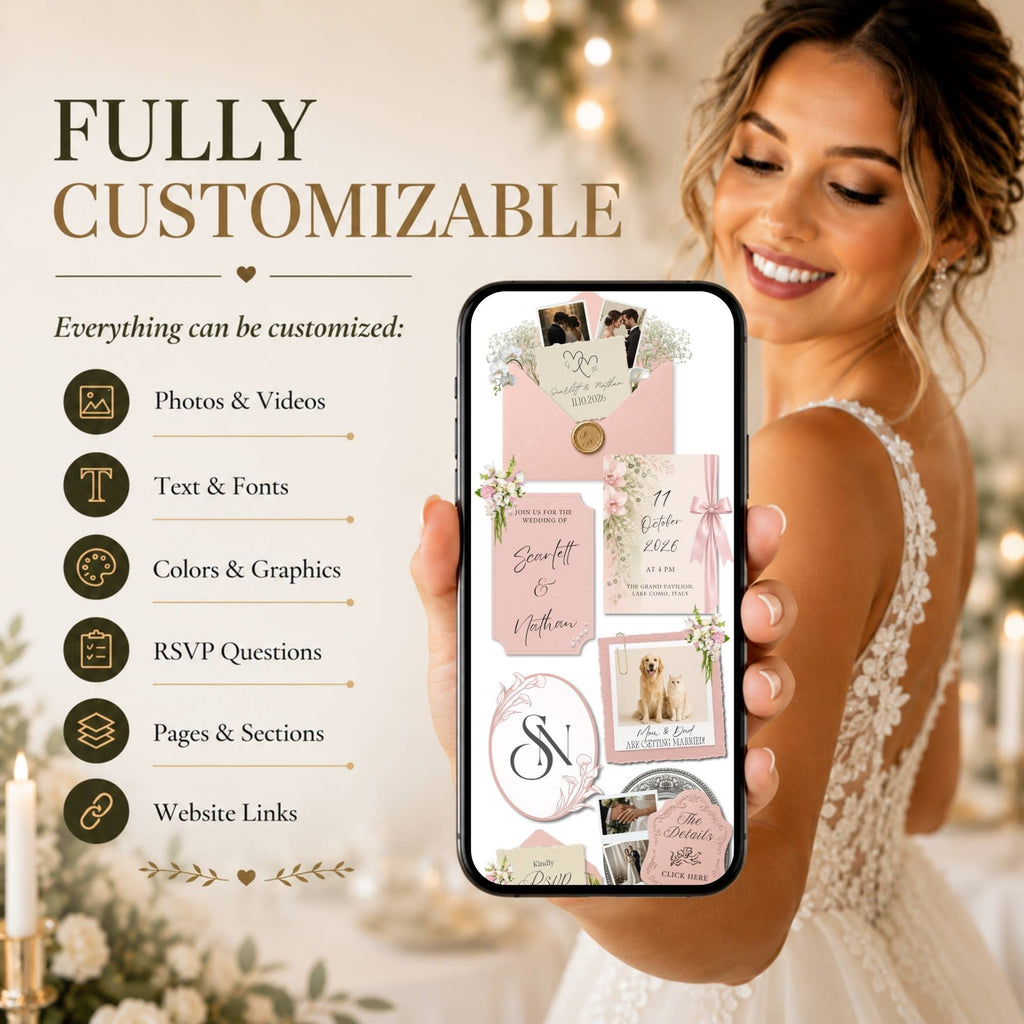 Editable pink wedding website template showing custom colours, fonts and personal photos.