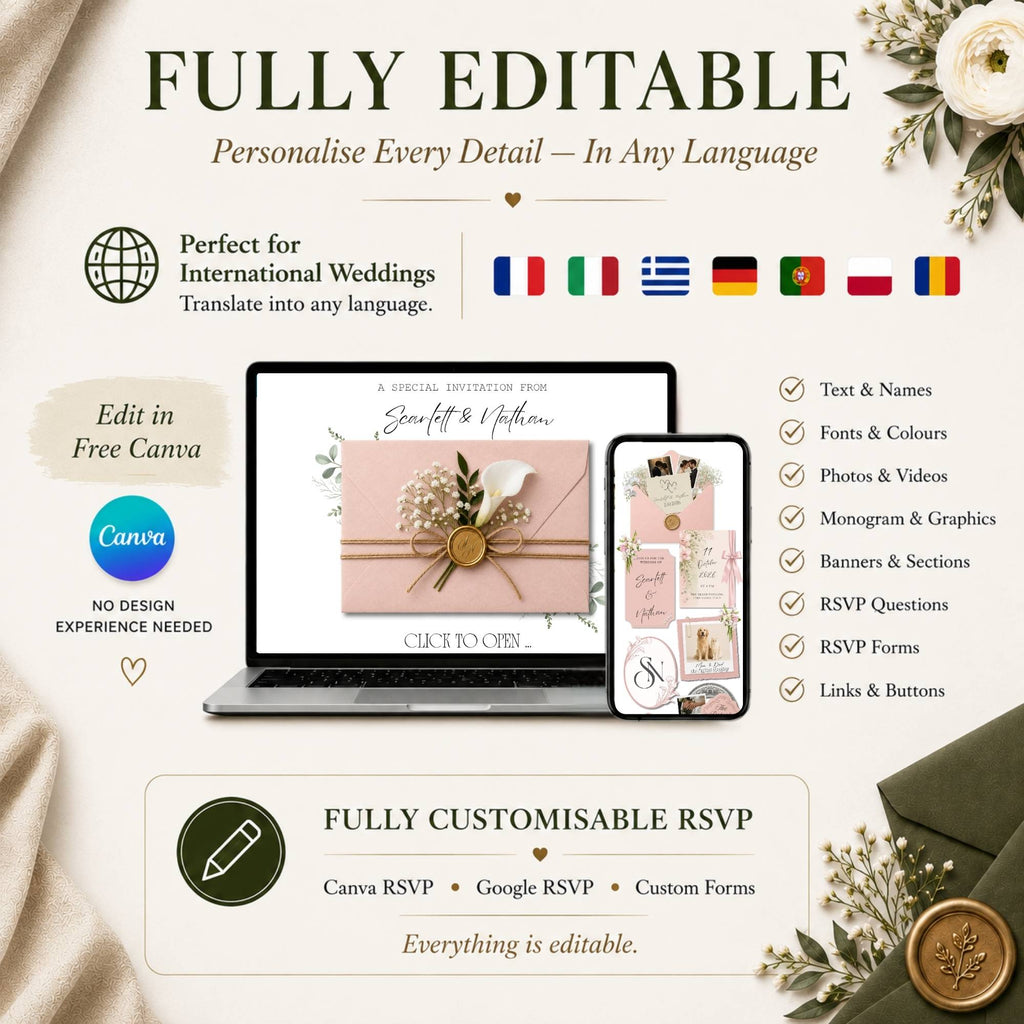 Canva pink wedding website template demonstrating fully editable wedding invitation pages.