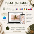 Canva pink wedding website template demonstrating fully editable wedding invitation pages.