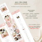 Overview of all pages included in the pink wedding website template with RSVP.
