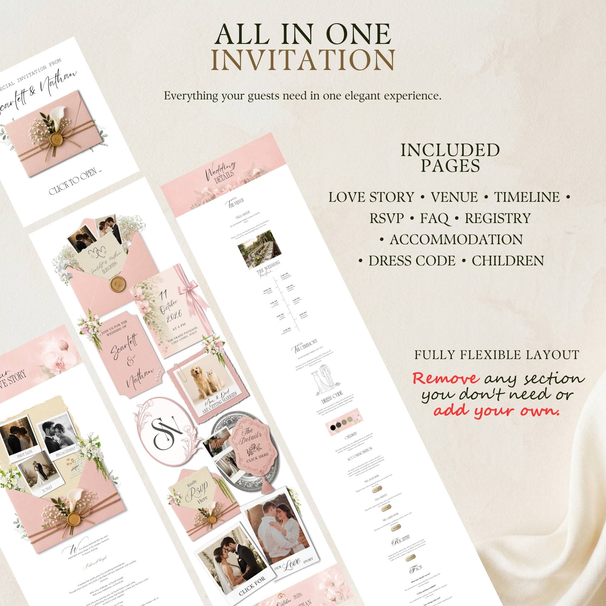 Overview of all pages included in the pink wedding website template with RSVP.