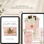 Interactive envelope opening page leading to the elegant pink wedding website homepage.