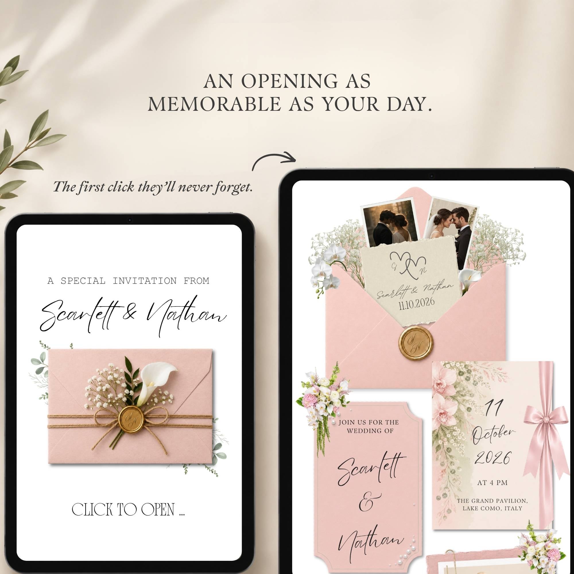 Interactive envelope opening page leading to the elegant pink wedding website homepage.