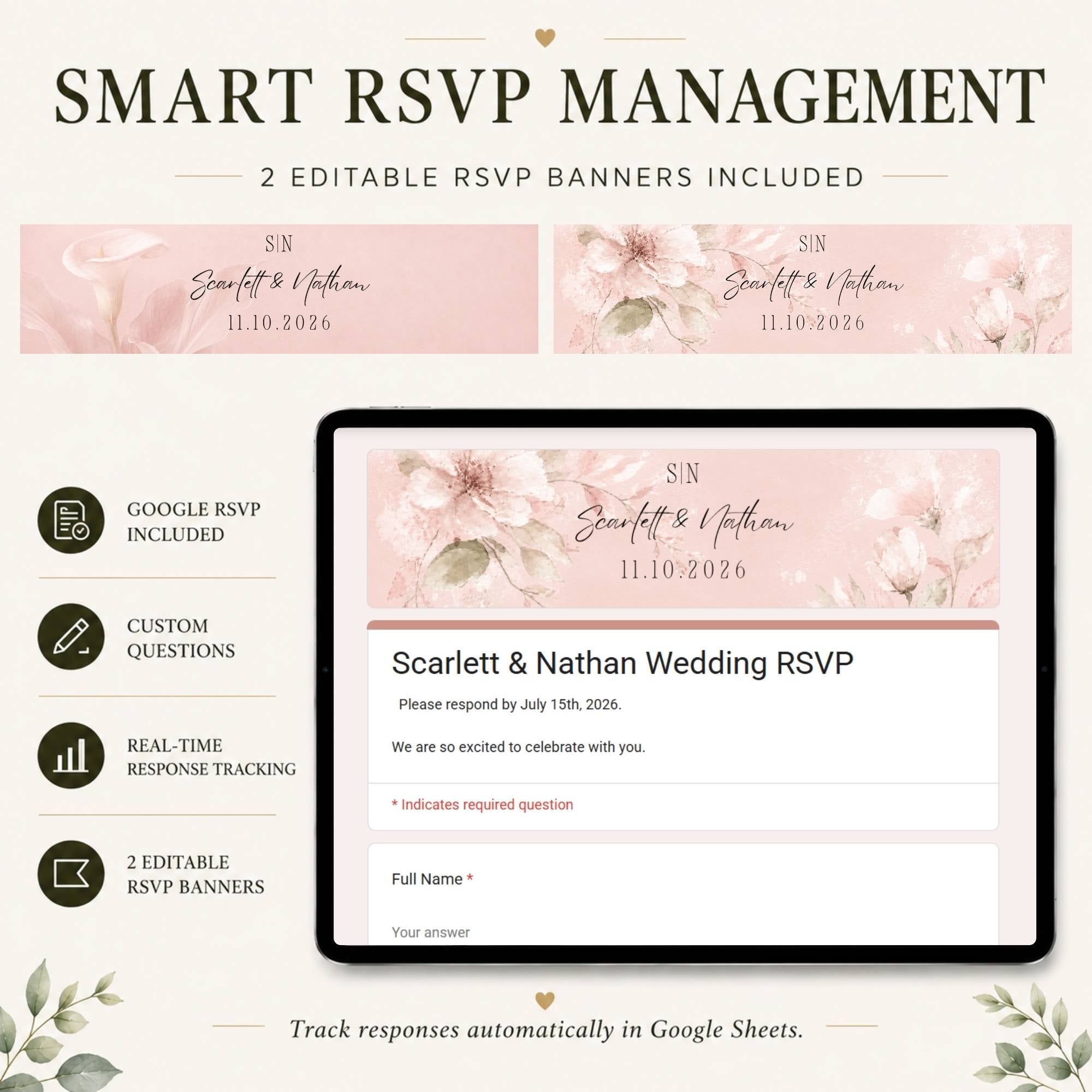 Online RSVP page for the pink wedding website template with guest response management.