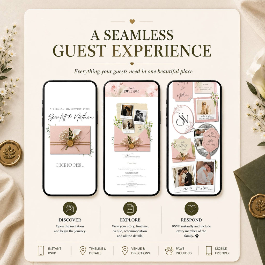 Beautiful pink wedding website offering guests a seamless digital invitation experience.
