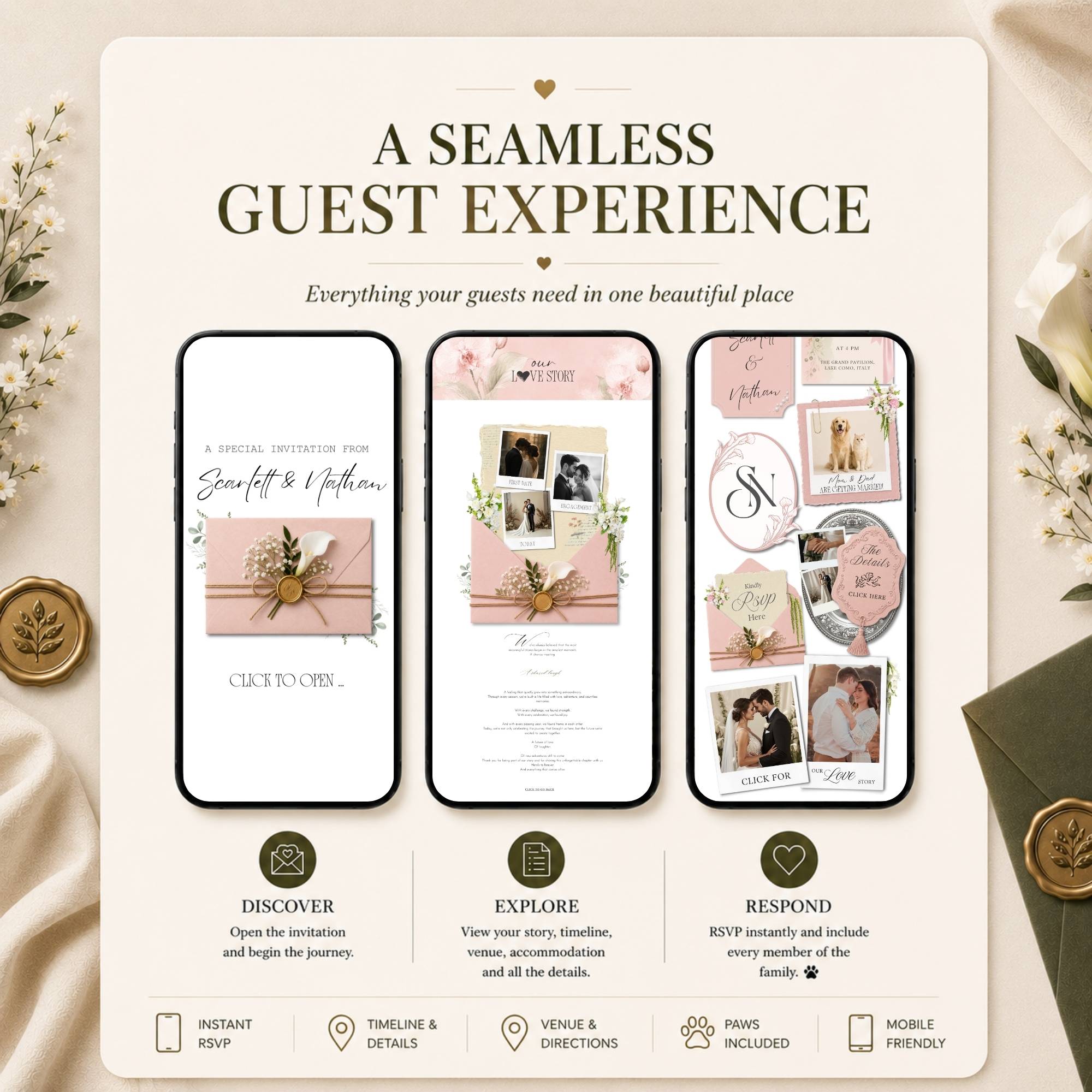 Beautiful pink wedding website offering guests a seamless digital invitation experience.
