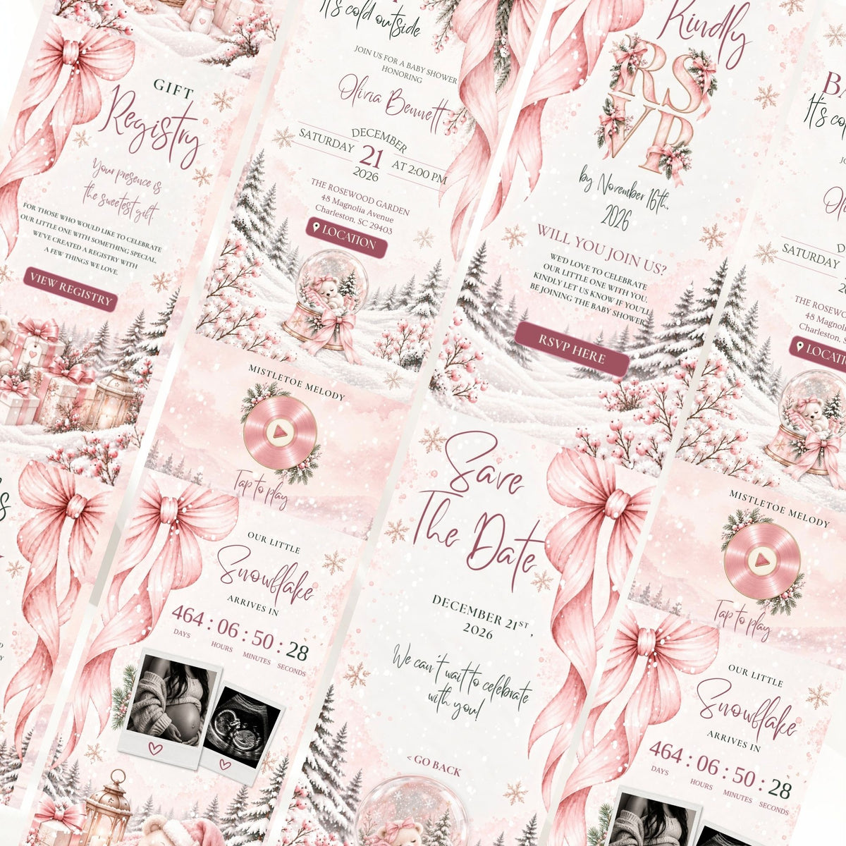 Pink winter baby shower website pages featuring bows, Christmas greenery, event information, countdown and ultrasound photographs.