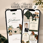 Preppy baby shower website for boys with dark green tartan, teddy bear, bow details and interactive Canva invitation pages.
