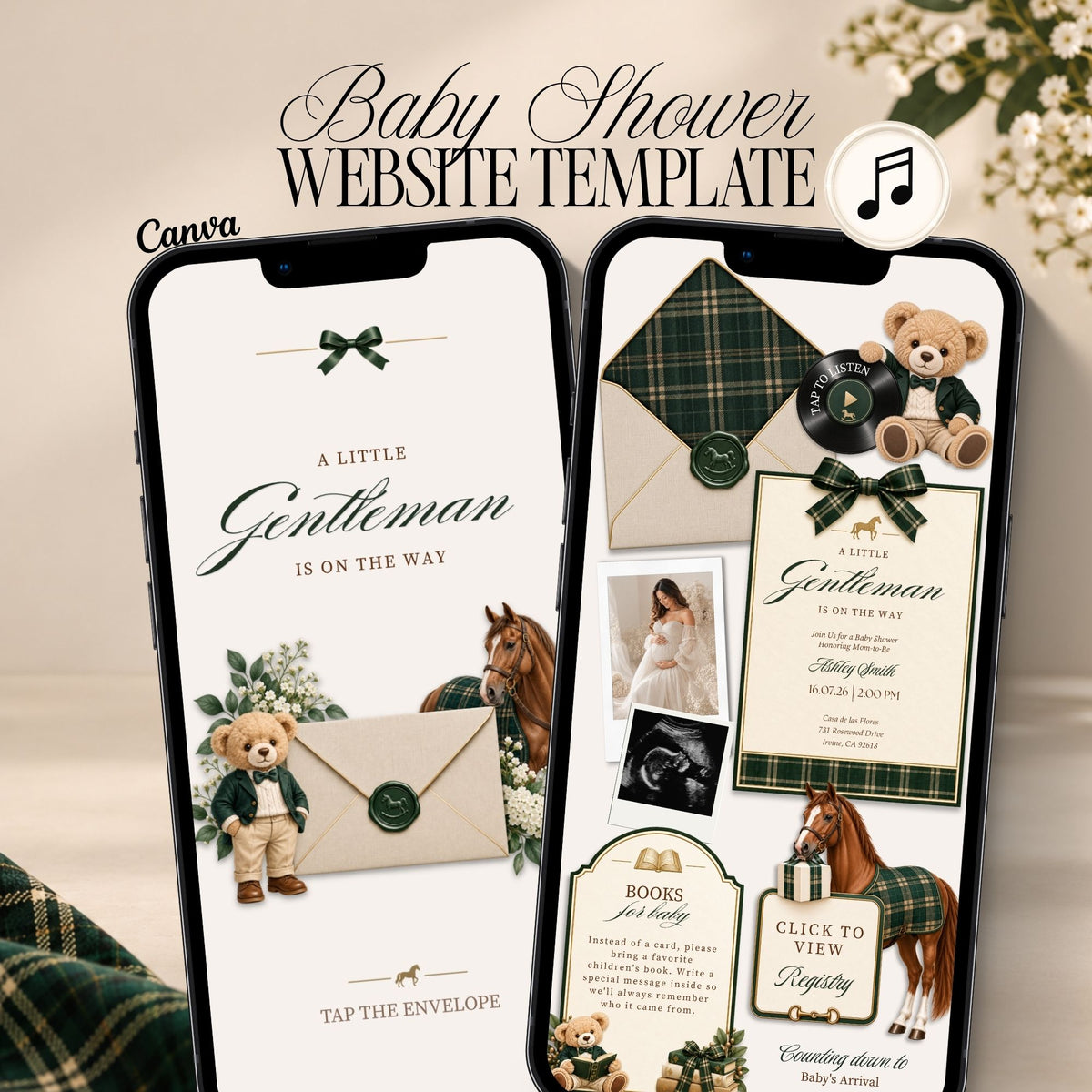 Preppy baby shower website for boys with dark green tartan, teddy bear, bow details and interactive Canva invitation pages.