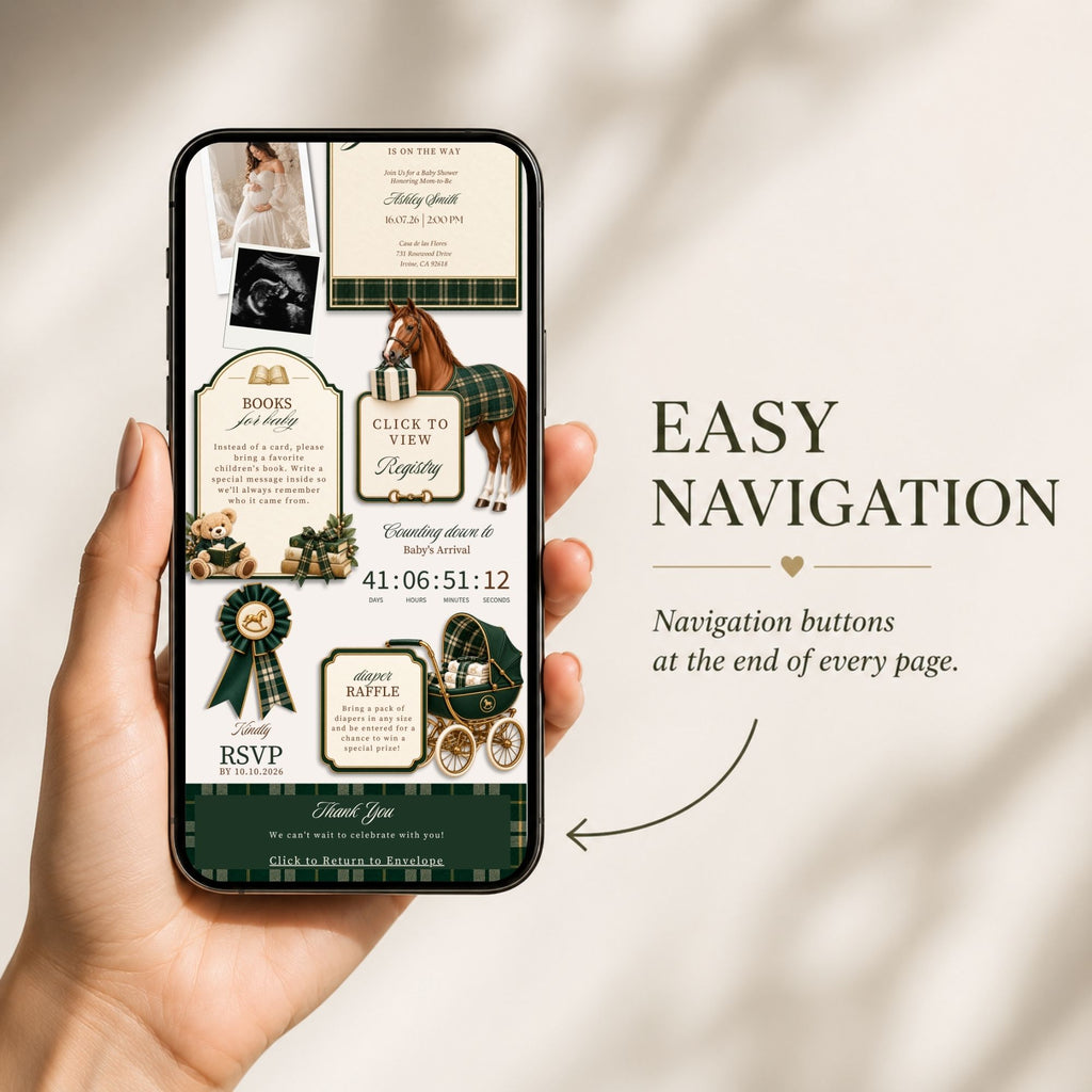 Preppy baby shower website on mobile showing easy navigation for guests to browse the interactive shower invitation.