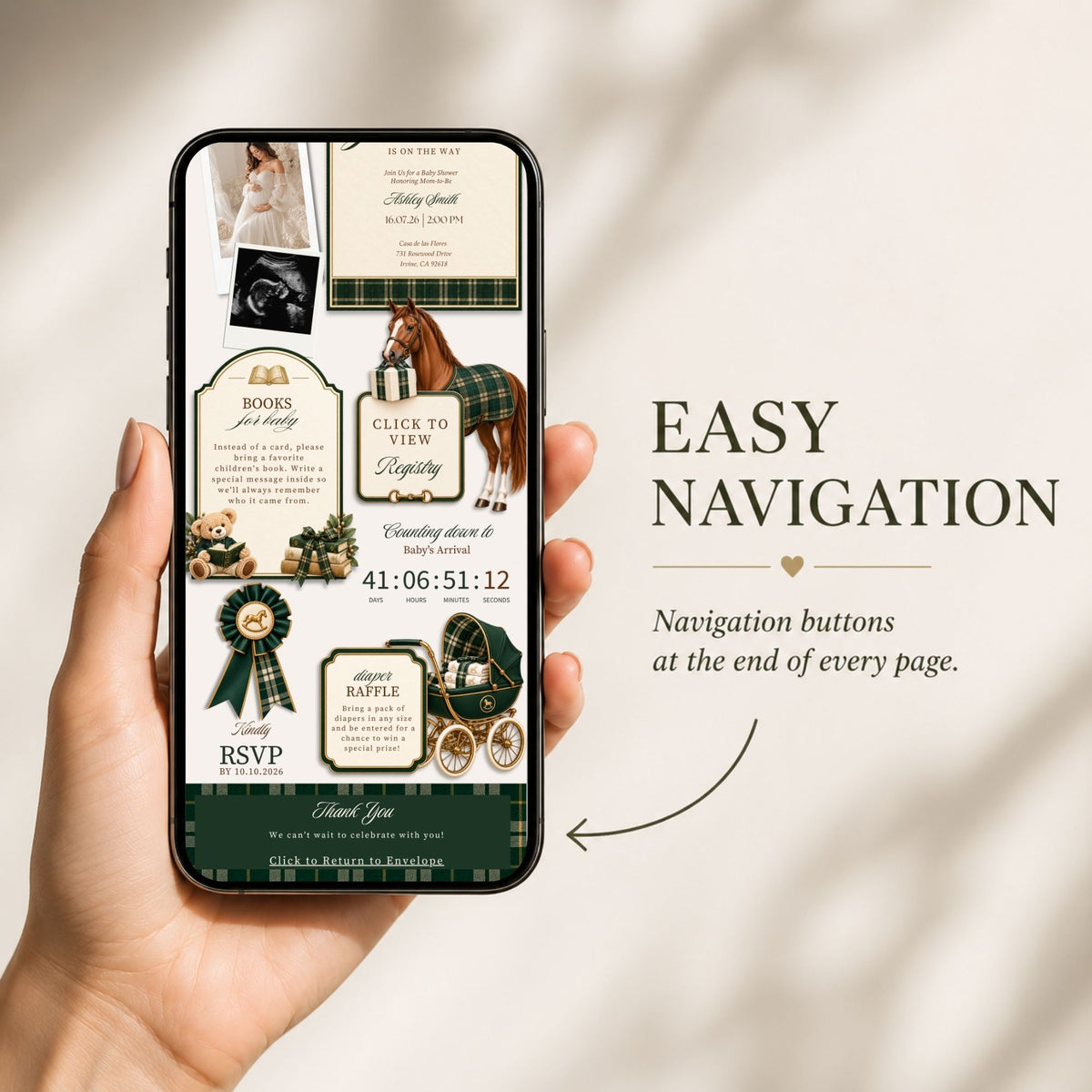 Preppy baby shower website on mobile showing easy navigation for guests to browse the interactive shower invitation.