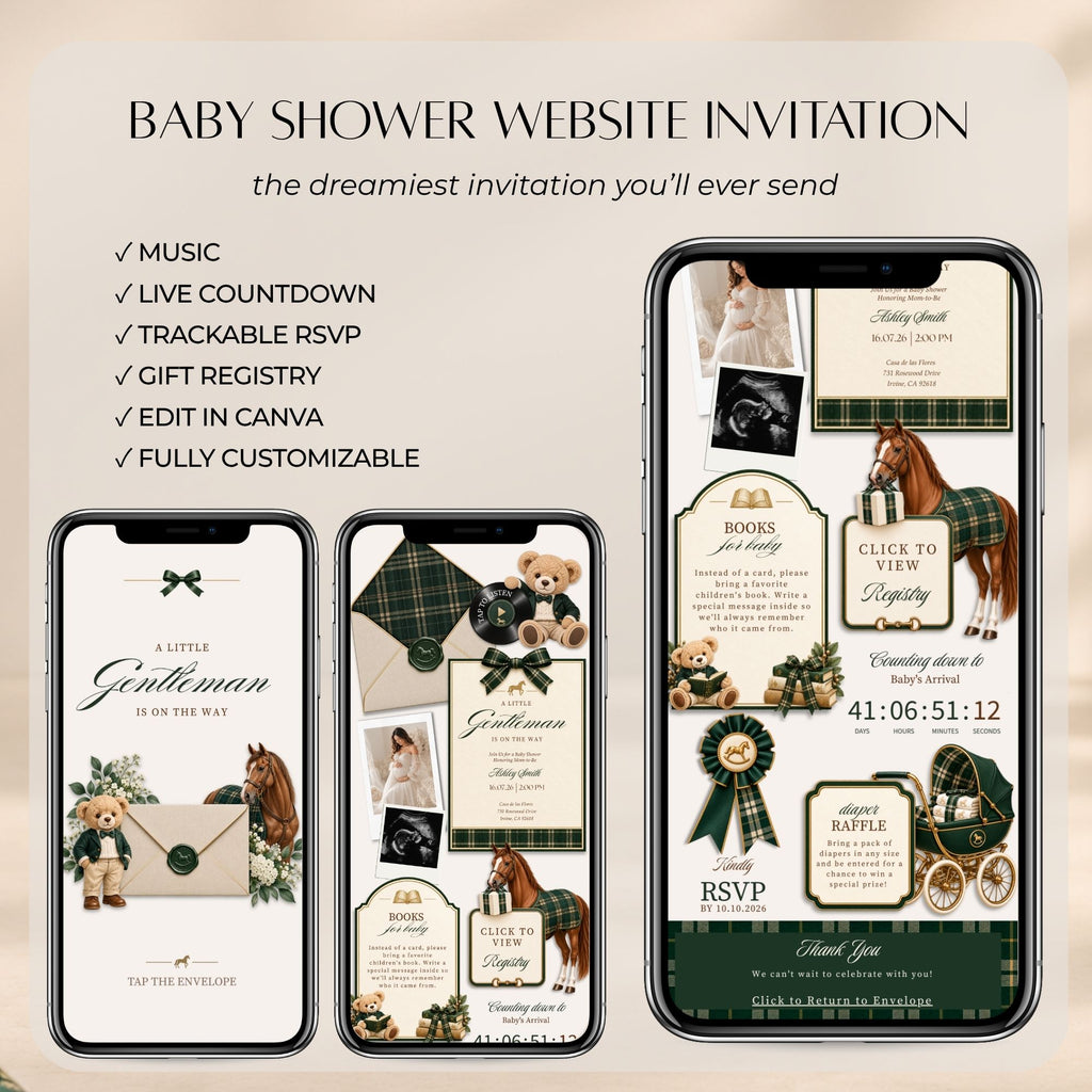 Preppy baby shower website invitation with music, live countdown, online RSVP, gift registry and editable Canva design.