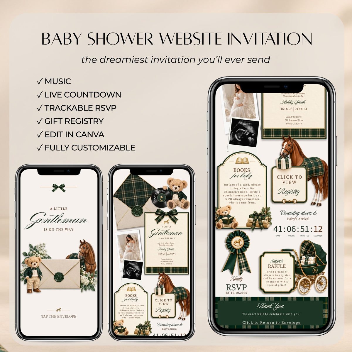 Preppy baby shower website invitation with music, live countdown, online RSVP, gift registry and editable Canva design.