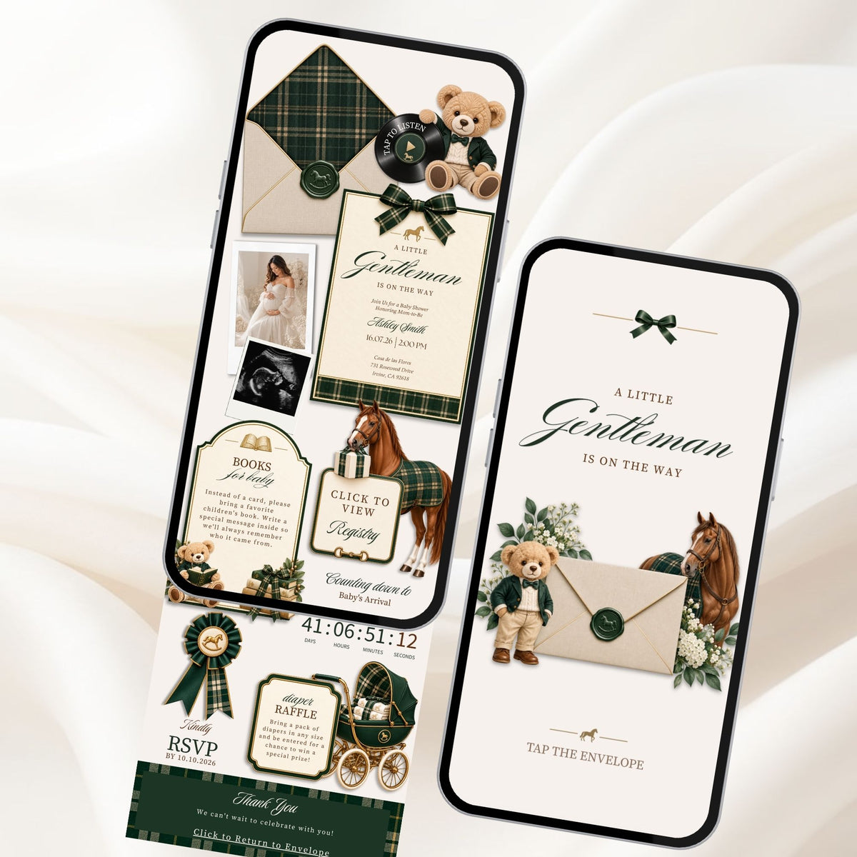 Preppy baby shower website full preview with dark green tartan, teddy bear, bow details, online RSVP and interactive Canva invitation pages.