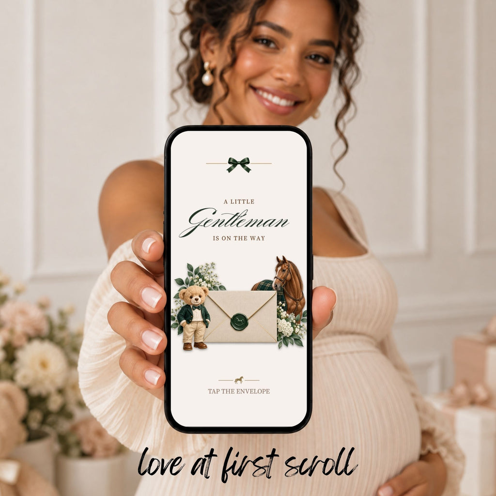 Mobile preview of a preppy boy baby shower website with green tartan, bows, teddy bear details and interactive RSVP.
