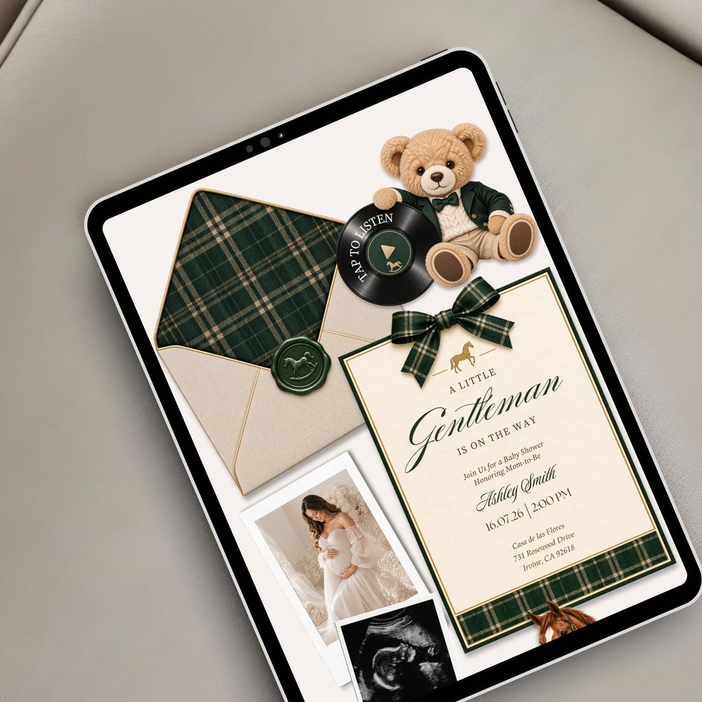 Boy baby shower website displayed on a tablet featuring dark green tartan, teddy bear and classic preppy details.