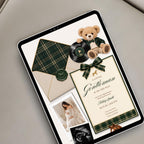 Boy baby shower website displayed on a tablet featuring dark green tartan, teddy bear and classic preppy details.
