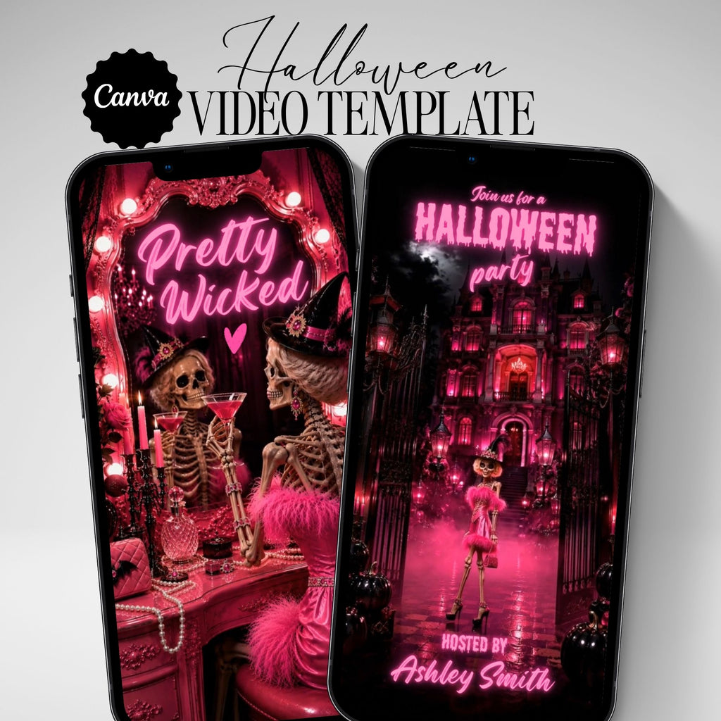 Pretty Wicked Halloween party video invitation with glamorous pink and black spooky scenes shown as an editable Canva video template.