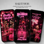 Pretty Wicked Halloween video invitation template featuring coordinated pink and black spooky party scenes with editable Canva details.