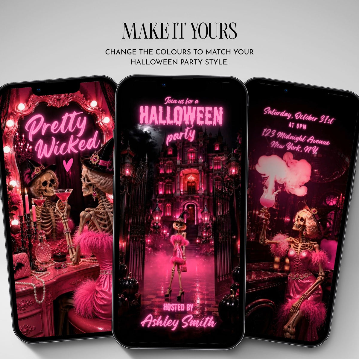 Pretty Wicked Halloween video invitation template featuring coordinated pink and black spooky party scenes with editable Canva details.