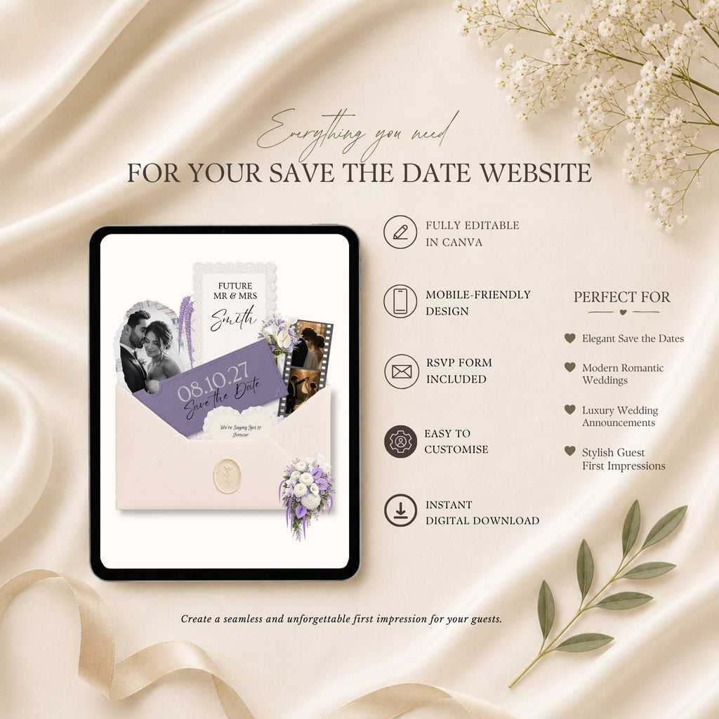 Purple wedding website envelope opening page for digital save the date announcement