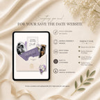 Purple wedding website envelope opening page for digital save the date announcement