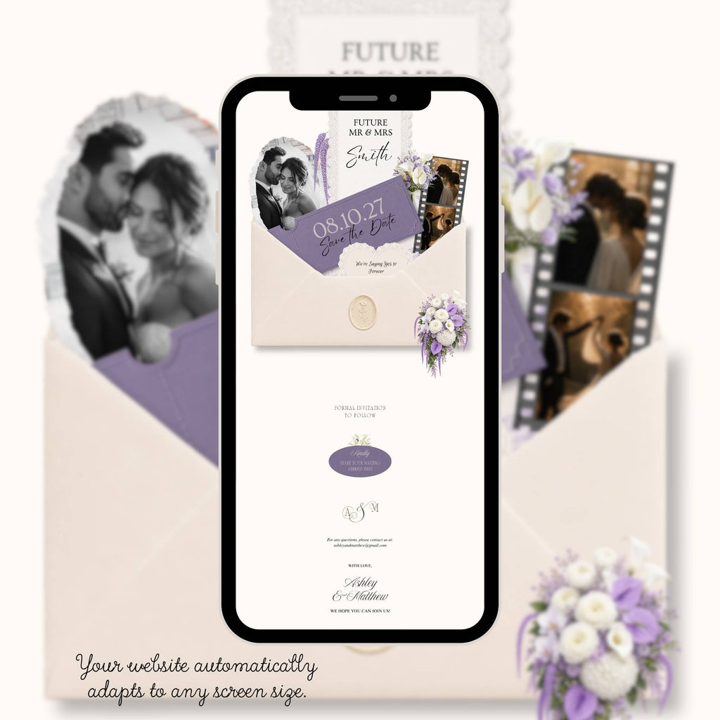 Lilac Save The Date wedding website editable Canva template