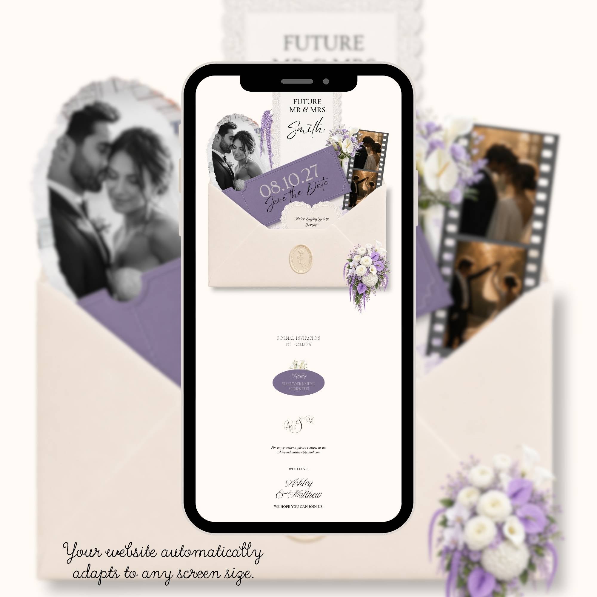 Lilac Save The Date wedding website editable Canva template
