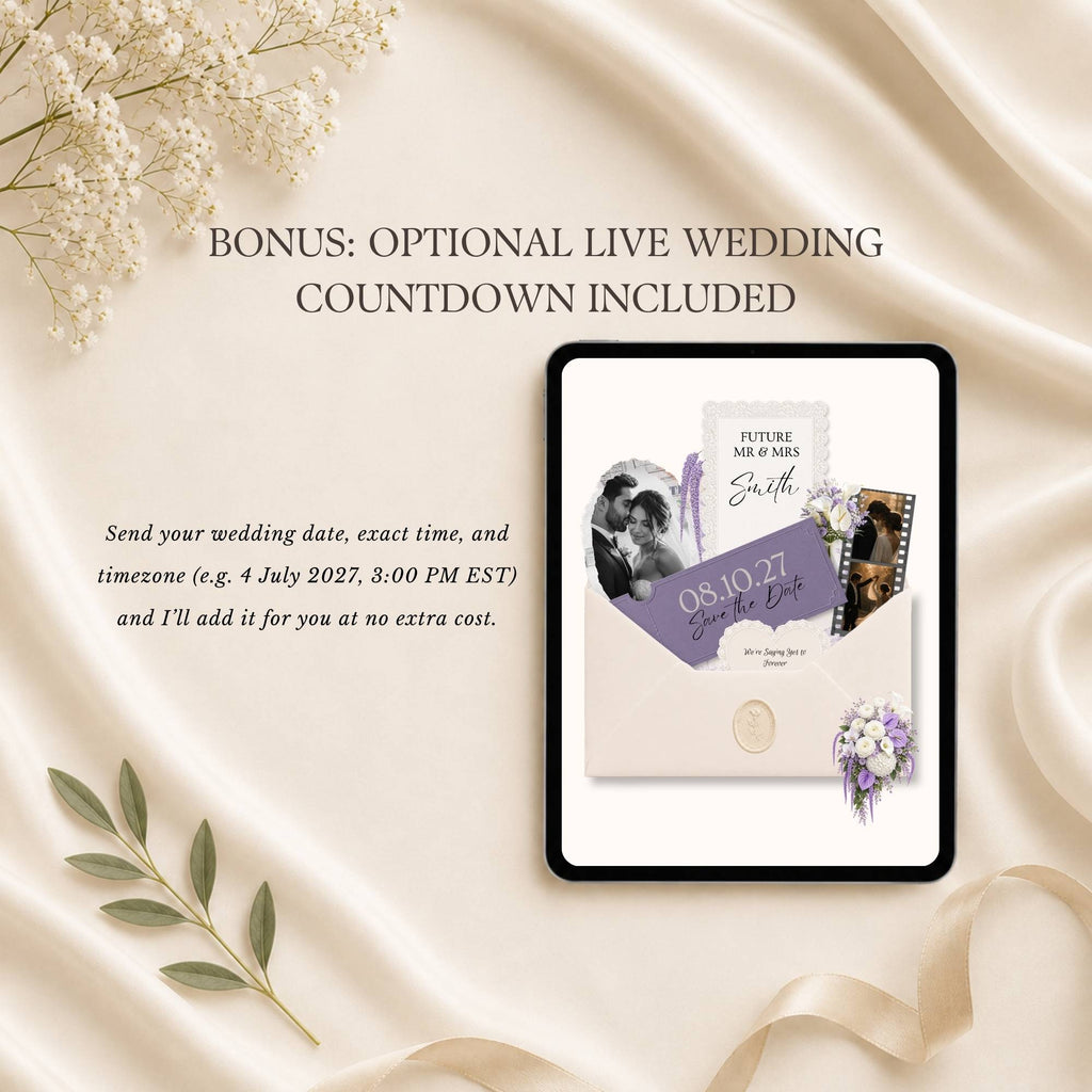 Responsive Purple wedding website displayed on mobile device